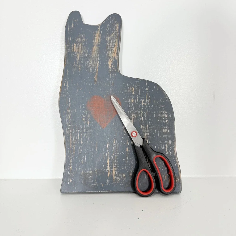 Handcrafted Wooden Cat Silhouette Sign Blue Cottagecore Heart Primitive Folk Art